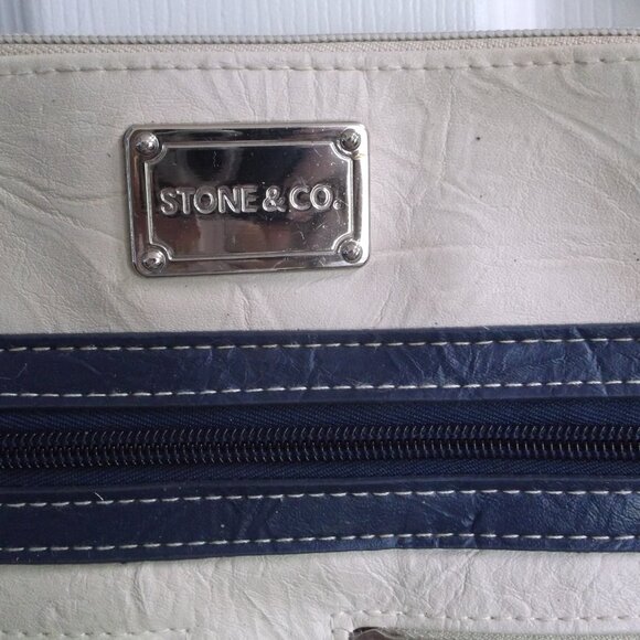 Stone & Co Faux Leather Cross Body Bag PURSE Beige & Navy Blue - Lots of Pockets - Picture 4 of 8